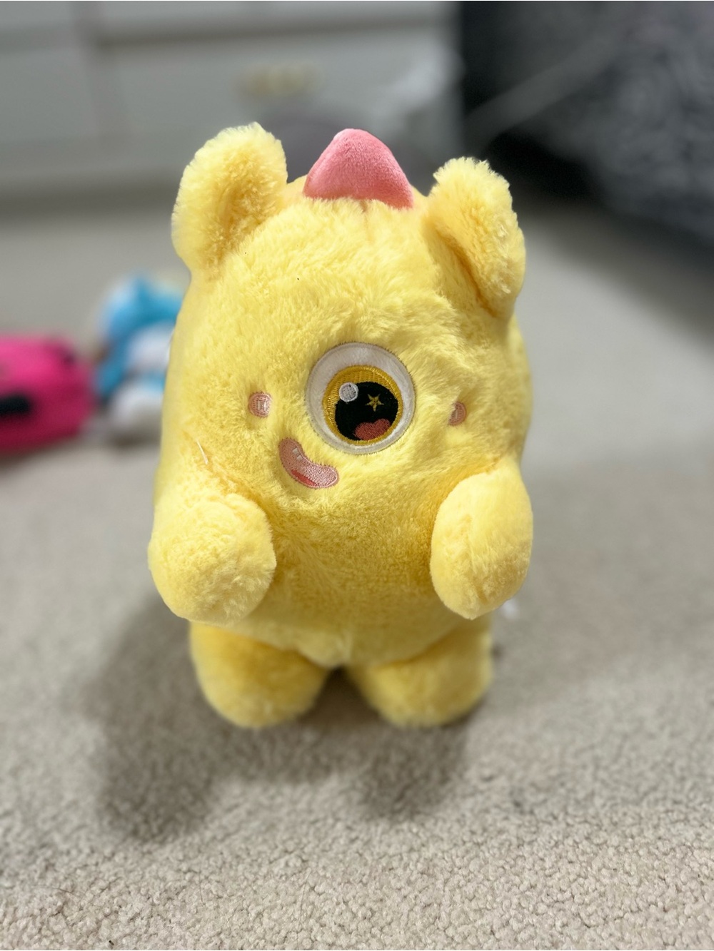 Cute Yellow One-Eyed Monster Plush with Pink Accent - Soft Kids Stuffed Toy